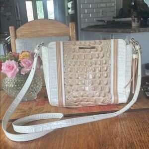 Brahmin White and Tan Croc-Embossed Crossbody Bag
